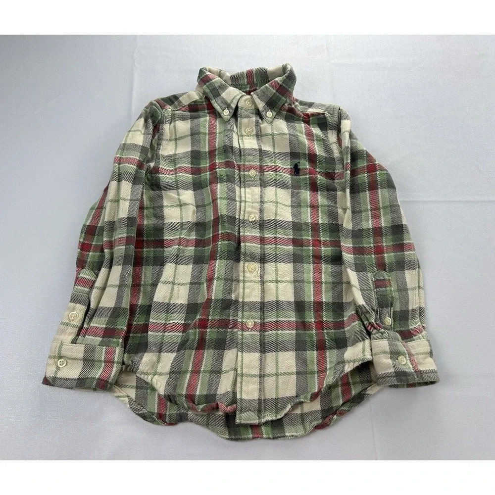Ralph Lauren Boys Sz 5 Plaid Flannel Shirt Green Red Cotton Button Down Holiday
